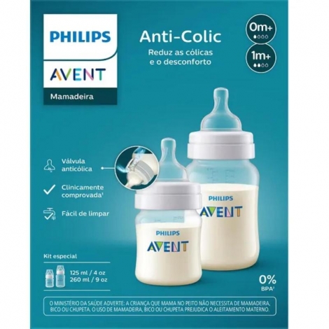 Kit Mamadeira Clássica Anti-Colic 125ml e 260ml Avent