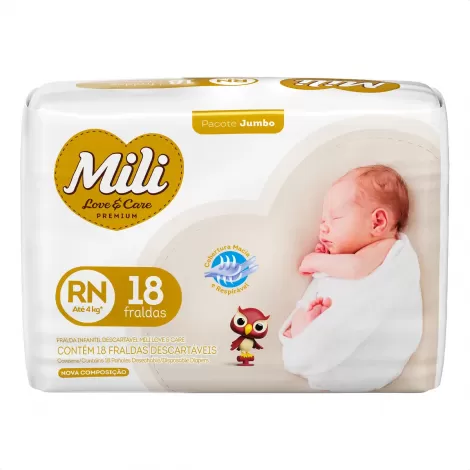 MILI JUMBO FRALDA DESCARTAVEL LOVE E CARE JUMBO RECEM NASCIDO x 18